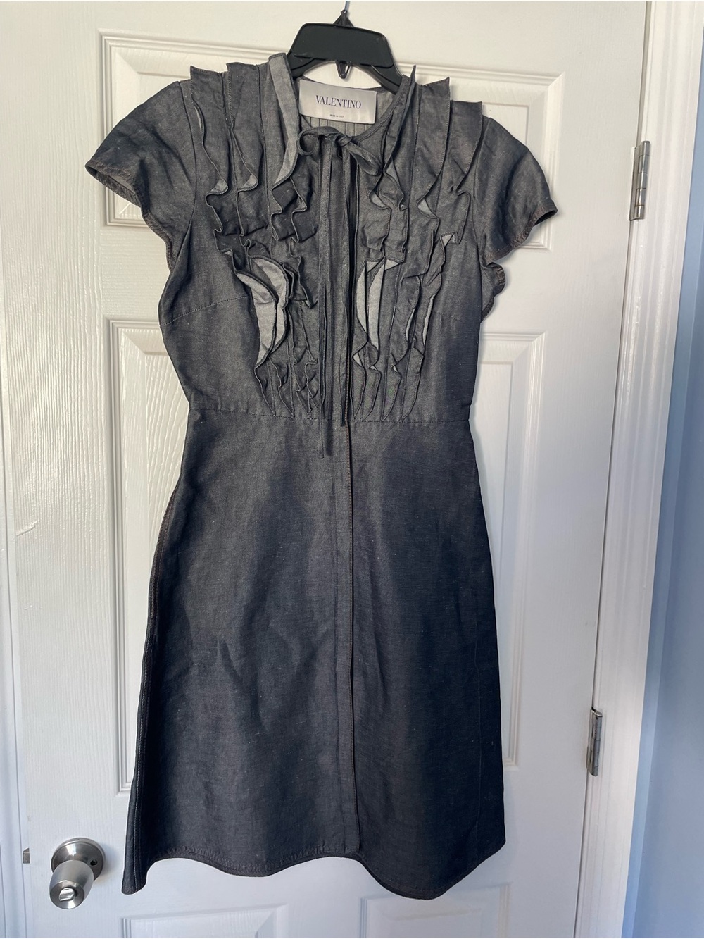 Valentino Dark Blue Denim Ruffled Cap-Sleeve Dress M
